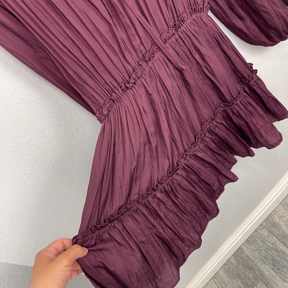 Mustard Seed Wine Satin Elastic Waist Ruffles Tiered Mini Dress Satin - Picture 6 of 9